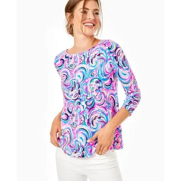 Lilly Pulitzer NWOT Ophelia FLAMINGOALS Raz Berry Swirly Quarter Sleeves Top S - Picture 1 of 9